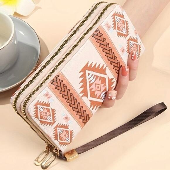 Aztec Print Double-Zip Wristlet Wallet – Neutral & Terracotta Boho Style - Picture 1 of 2
